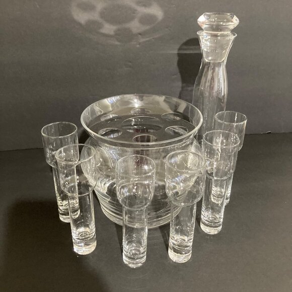 Vintage Czech Glass Grooms Gift Decanter Set With 6 Shot Glasses And Ice Bowl - Picture 6 of 9